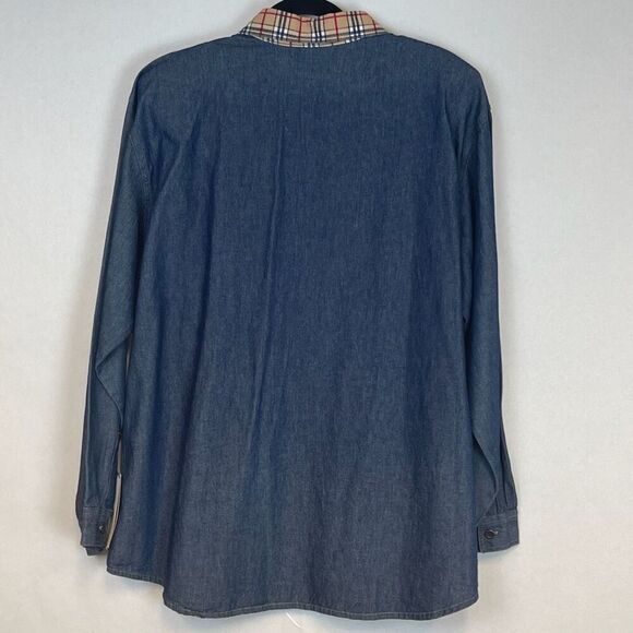 Vintage Embroidered Shirt Denim Blue Plaid Collar Button Front Long Sleeve XL - Picture 12 of 16
